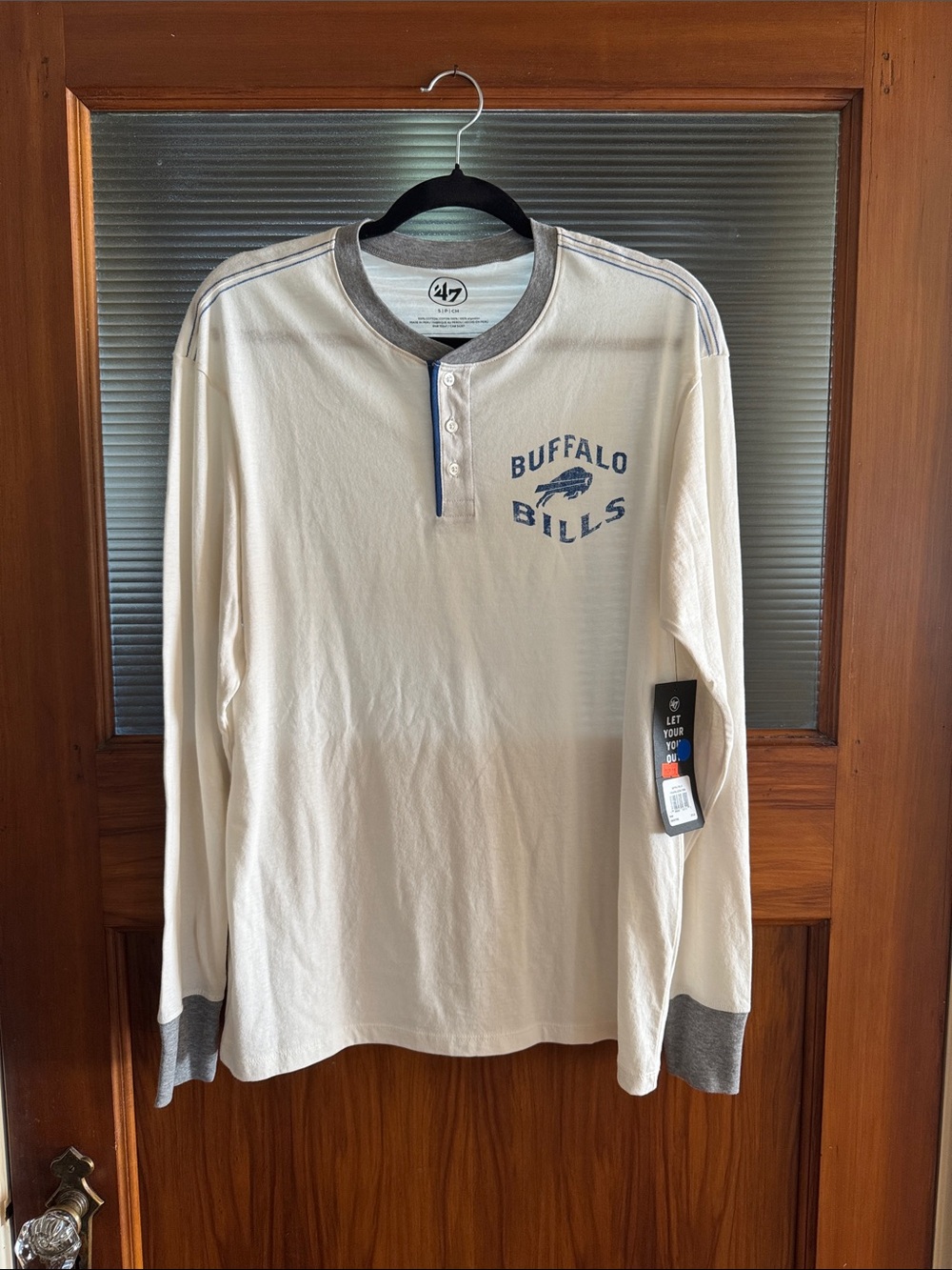 47 Buffalo Bills Long-Sleeve Henley - Off-White with Gray Trim and Blue Logo